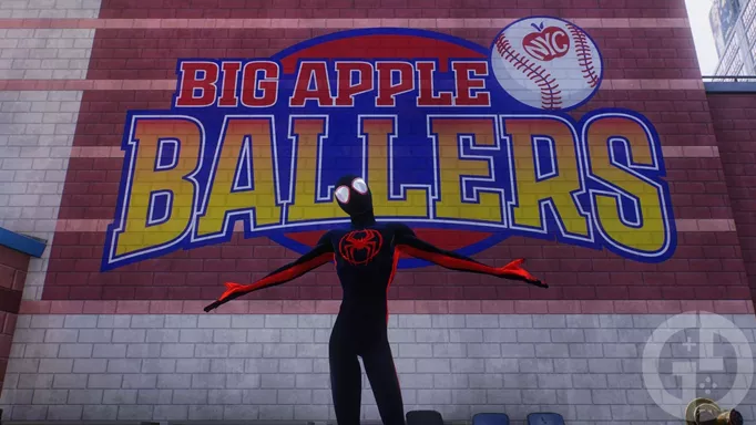 Miles Morales standing outside of Big Apple Ballers Stadium, which you will need to get the Platinum trophy in Marvel's Spider-Man 2