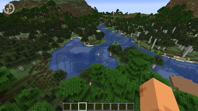 A wooded lake in Minecraft