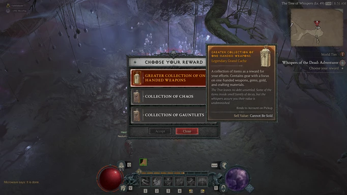 An image of the Diablo 4 Tree of Whispers cache screen