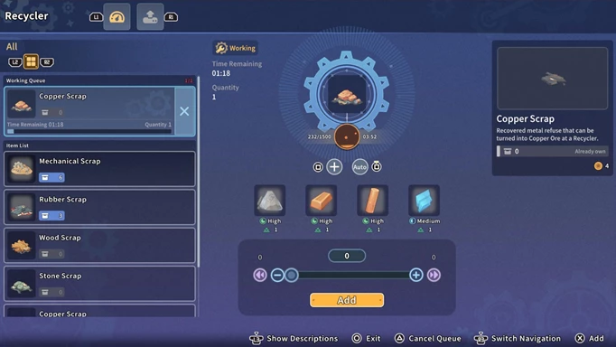 Image of the Recycler UI in My Time at Sandrock
