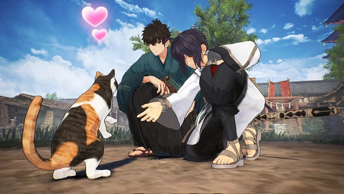 Iori and Saber petting a cat in the RPG gameplay of Fate/Samurai Remnant