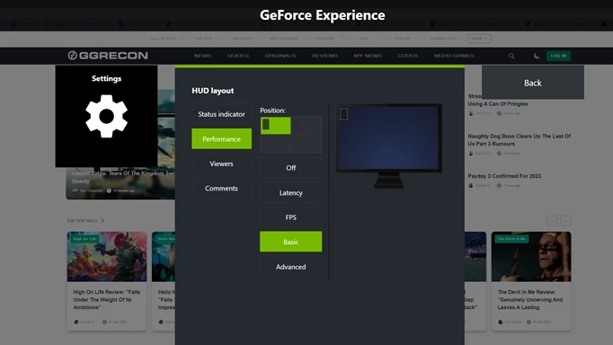 GeForce Experience FPS counter menu