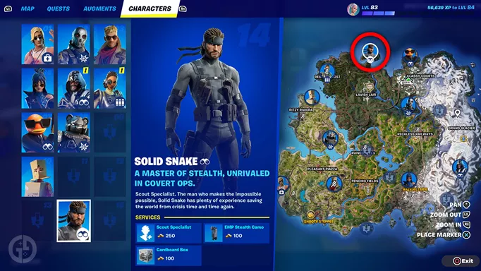Solid Snake NPC marked on the Fortnite map