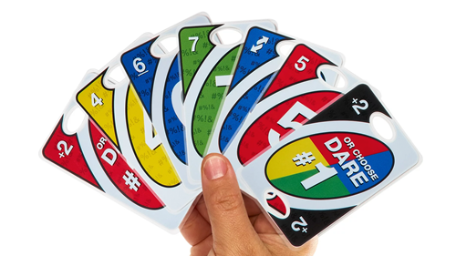 A hand of Uno Dare cards.