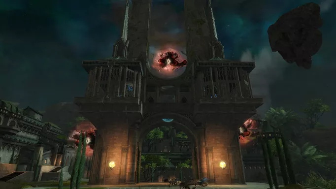 A strange anomaly above a large structure in Guild Wars 2 Secrets of the Obscure