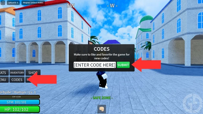 The code redemption screen in Sea Piece 2 for Roblox