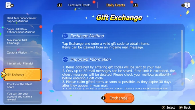 The Gift Exchange page where you can redeem Pokemon Unite codes