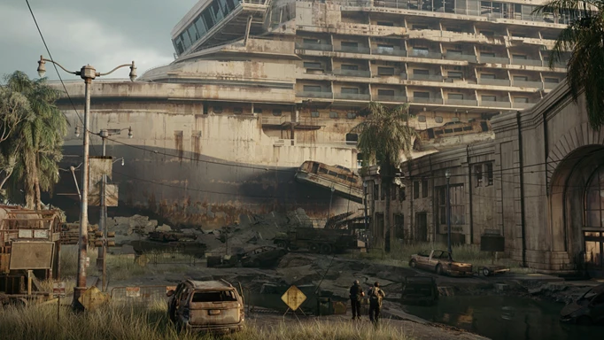 Concept art of characters stood in front of a rusty yacht in The Last of Us Factions