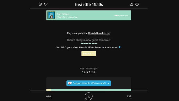 Screenshot of the Heardle Decades 50s answer
