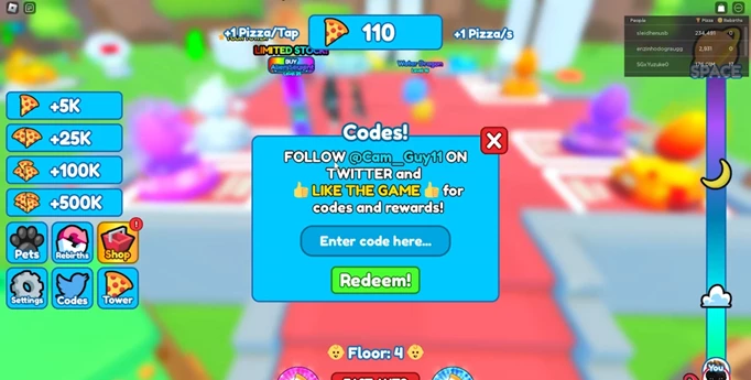 How to redeem 1 Pizza Per Second codes