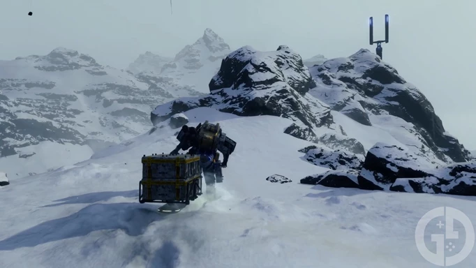 Image of the player walking through the snow mountains in Death Stranding