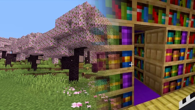 a combined image of the cherry blossom biome and chiselled bookshelves in Minecraft 1.20 Trails and Tales