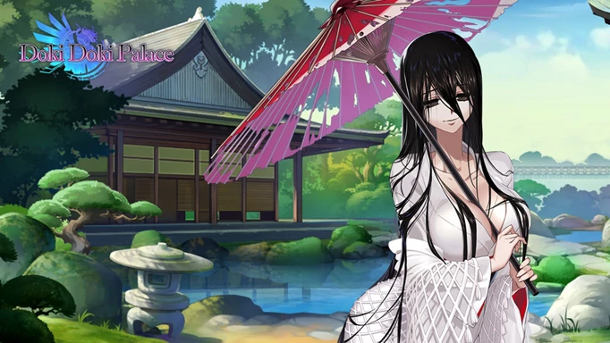 Image shows a Demon Girl from Doki Doki Palace in front of an in-game hot spring. She is holding a tattered parasol