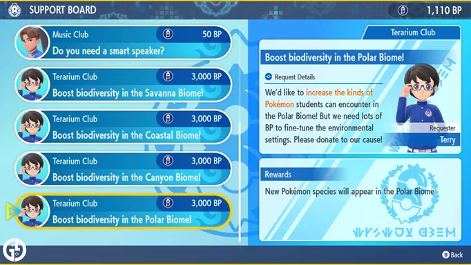 The Polar Biome Terarium Club Support quest menu to "Boost Biodiversity" in Pokemon Scarlet & Violet's Indigo Disk DLC