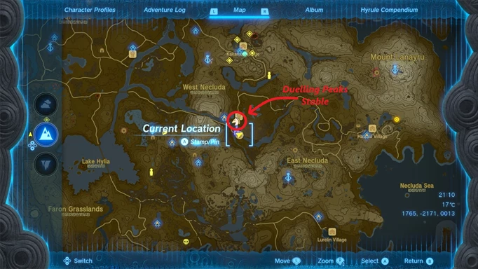 Screenshot of the Duelling Peaks stable map location in Zelda: Tears of the Kingdom