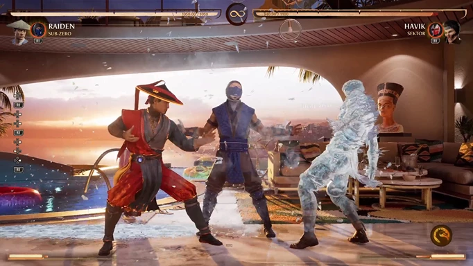 Sub-Zero as a Kameo Fighter freezing an opponent in Mortal Kombat 1