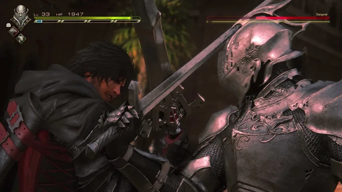 Screenshot of combat in Final Fantasy 16 where Clive is locked swords with a knight