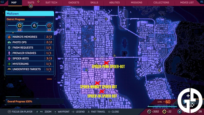 The Spider-Man 2 Spider-Bot locations map for Midtown