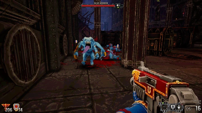 Fighting several Blue Horrors in Warhammer Boltgun