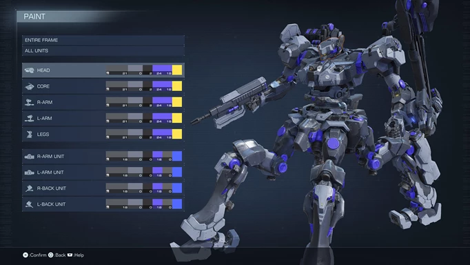 The paint menu in Armored Core 6