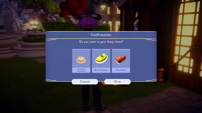 Screenshot of a three-course meal needed to complete the Disney Dreamlight Valley Matchmaking Magic quest