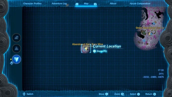 Image shows a map from Zelda: Tears of the Kingdom displaying the location of the Abandoned Kara Kara Mine