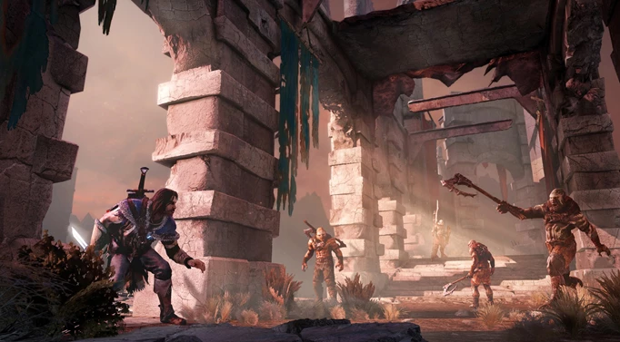 Talion sneaks up on some orces in Shadow of Mordor, one of the best games like Assassin's Creed