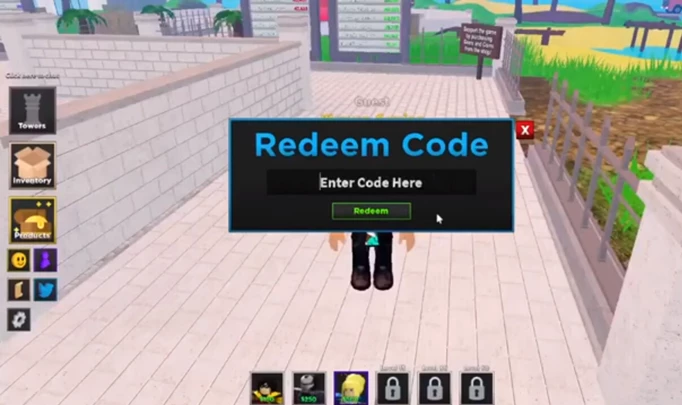 Ein Menü im Spiel, das zeigt, wie Codes im Ultimate Tower Defense Simulator für Roblox eingelöst werden kann