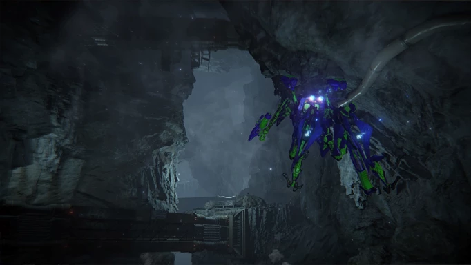 Image of an AC flying through a cave in Armored Core 6