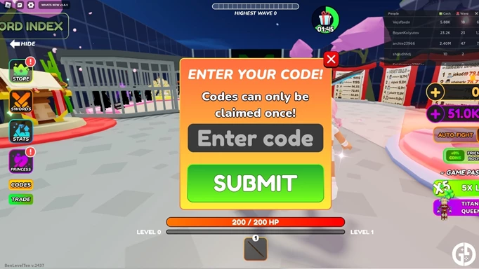 The menu to redeem Kill To Save Anime Girl codes