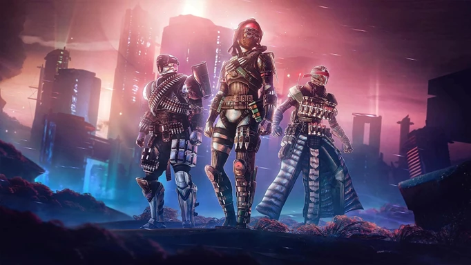 สาม Destiny 2 Guardians ใน Neomuna สวมชุดเกราะไฟ