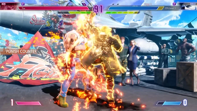 Ken frappant Guile avec un ex Shoryuken, l'un de ses mouvements spéciaux les plus utiles dans Street Fighter 6