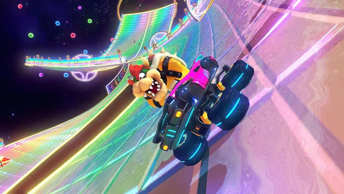 Bowser on Rainbow Road in Mario Kart 8 Deluxe