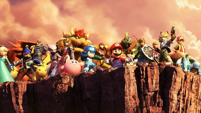 The heroes of Super Smash Bros. Ultimate looking over a cliff.