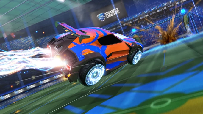 A Rocket League car flying through the air after scoring a goal