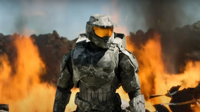 Master Chief in the Halo series, surrounded by a ring of fire.