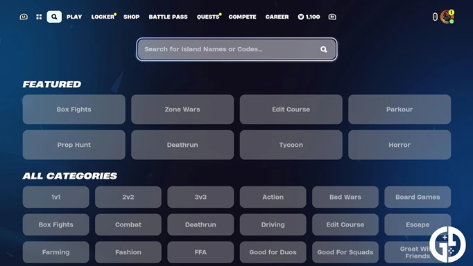 Search menu in Fortnite