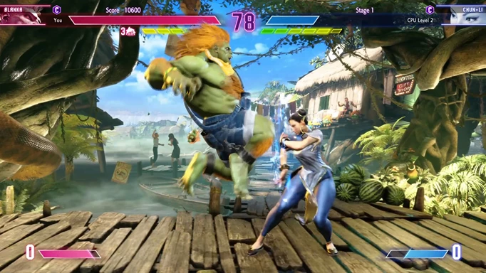 Blanka hitting Chun Li with a knee strike in Street Fighter 6
