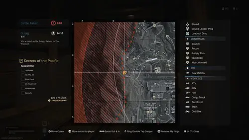 Secrets of the Pacific Warzone locations shown on a map.