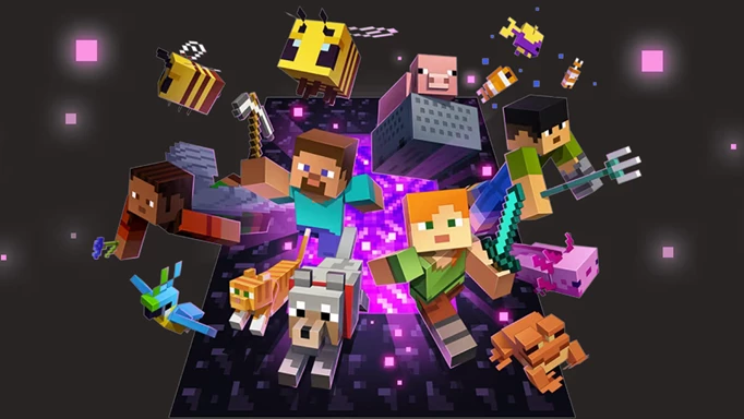 Key art featuring Minecraft characters and mobs leaping out of a Nether Portal.