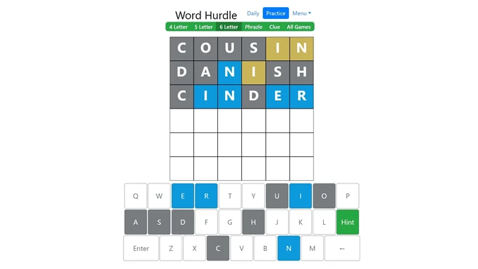 Screenshot of Word Hurdle with cousin, danish, and cinder as guesses