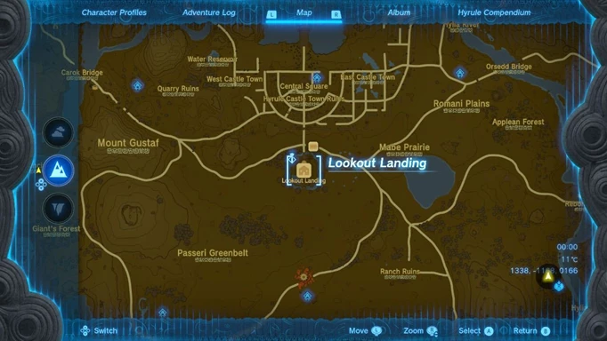 Image shows a map pointing to Lookout Landing in Zelda: Tears of the Kingdom
