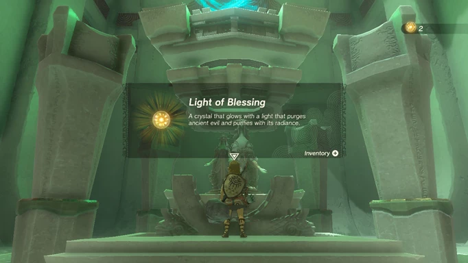 Images shows Link receiving a Light of Blessing item in The Legend of Zelda: Tears of the Kingdom