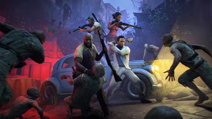 everal of the main characters fighting off zombies while standing on a car in Left 4 Dead, a game like Dead Island 2