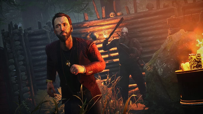 Nicolas Cage, the iconic horror movie actor, runs away from The Trapper, a terrifying Killer in Dead by Daylight.