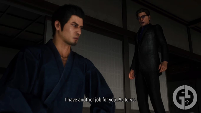 Kiryu, as Joryu, speaking to his handler about another job in Like a Dragon Gaiden