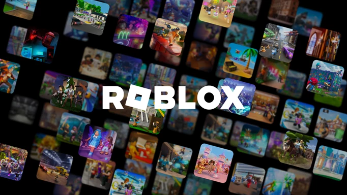 The Roblox logo in front of screenshots from many different Roblox games