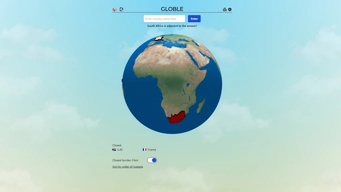 Image of the globe and guesses in Globle