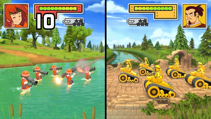 Advance Wars 1+2 Re-Boot Camp screenshot showing combat between infantry and vehicles