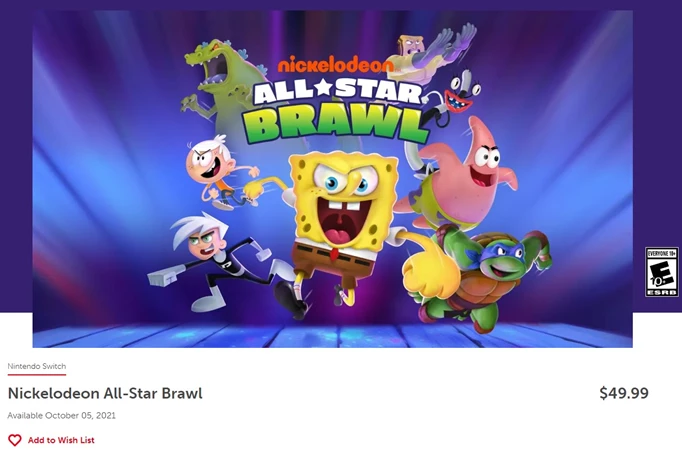 Image of Nickelodeon All-Star Brawl listing on Nintendo's official shop, showing the date and price point.